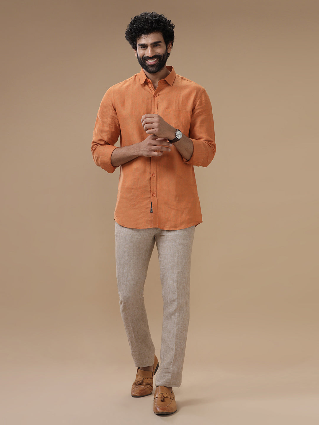 Men Pure Linen Shirt Dark Orange - L76