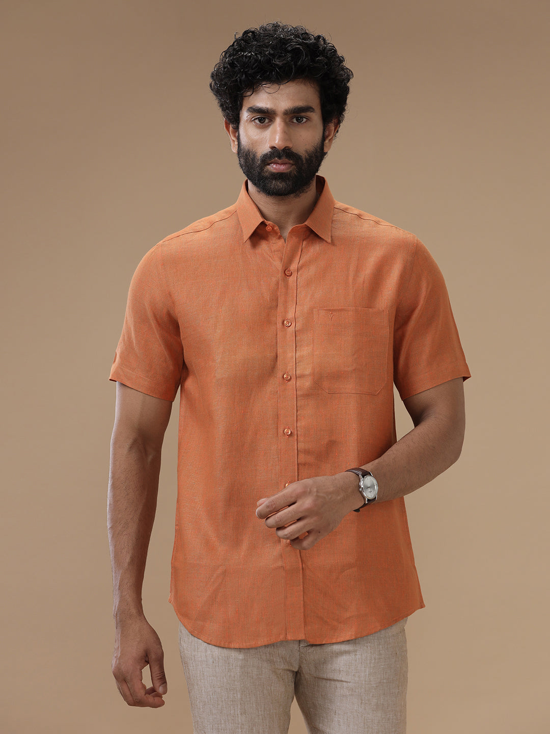 Mens Pure Linen Shirt Dark Orange-L76
