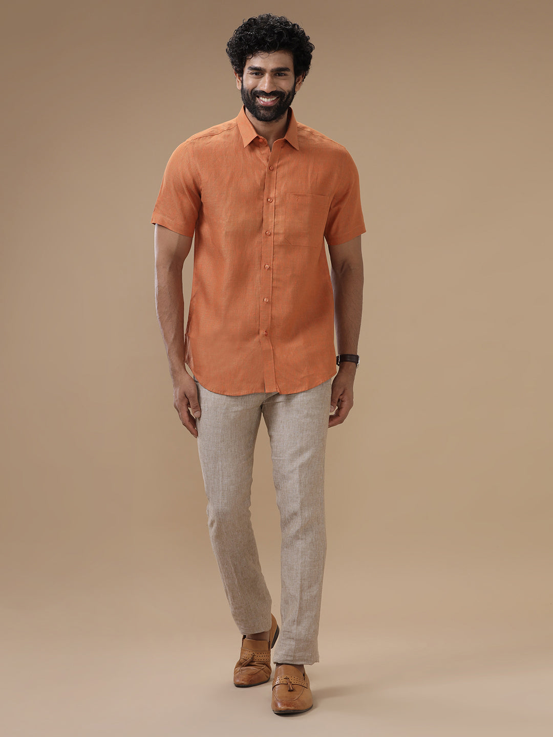 Men Pure Linen Shirt Dark Orange - L76