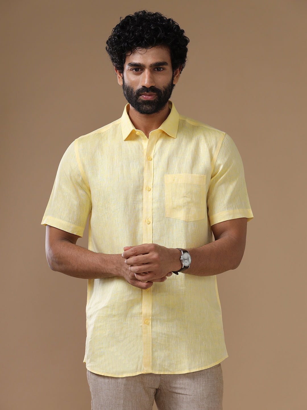 Men Pure Linen Shirt Light Yellow