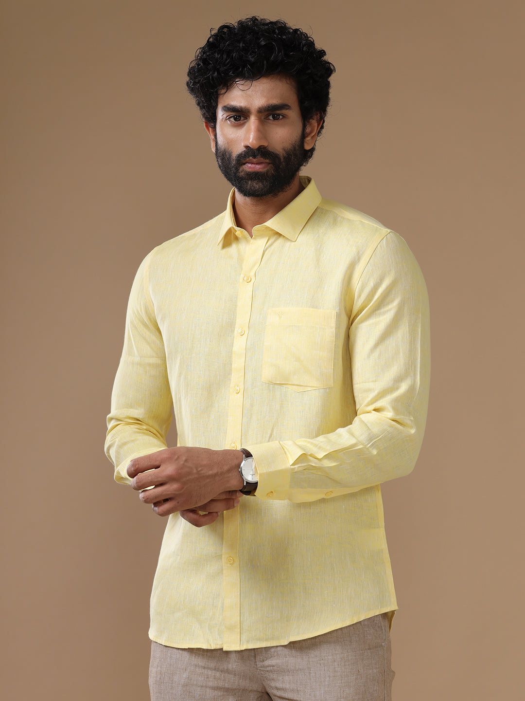 Mens Pure Linen Shirt Light Yellow-L5