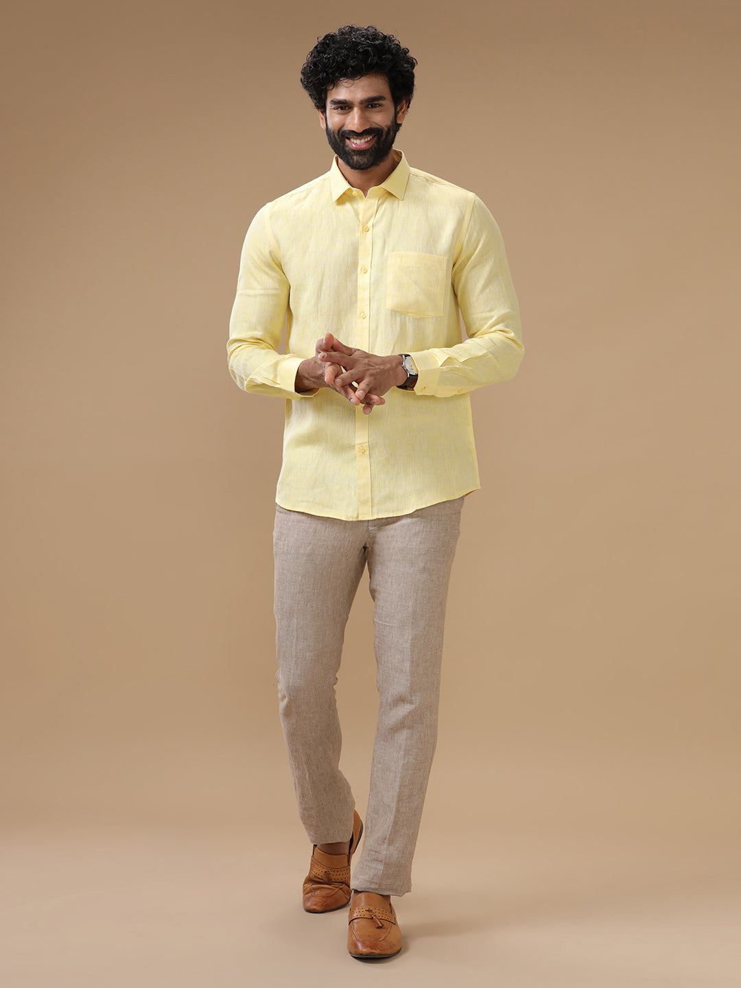 Men Pure Linen Shirt Light Yellow