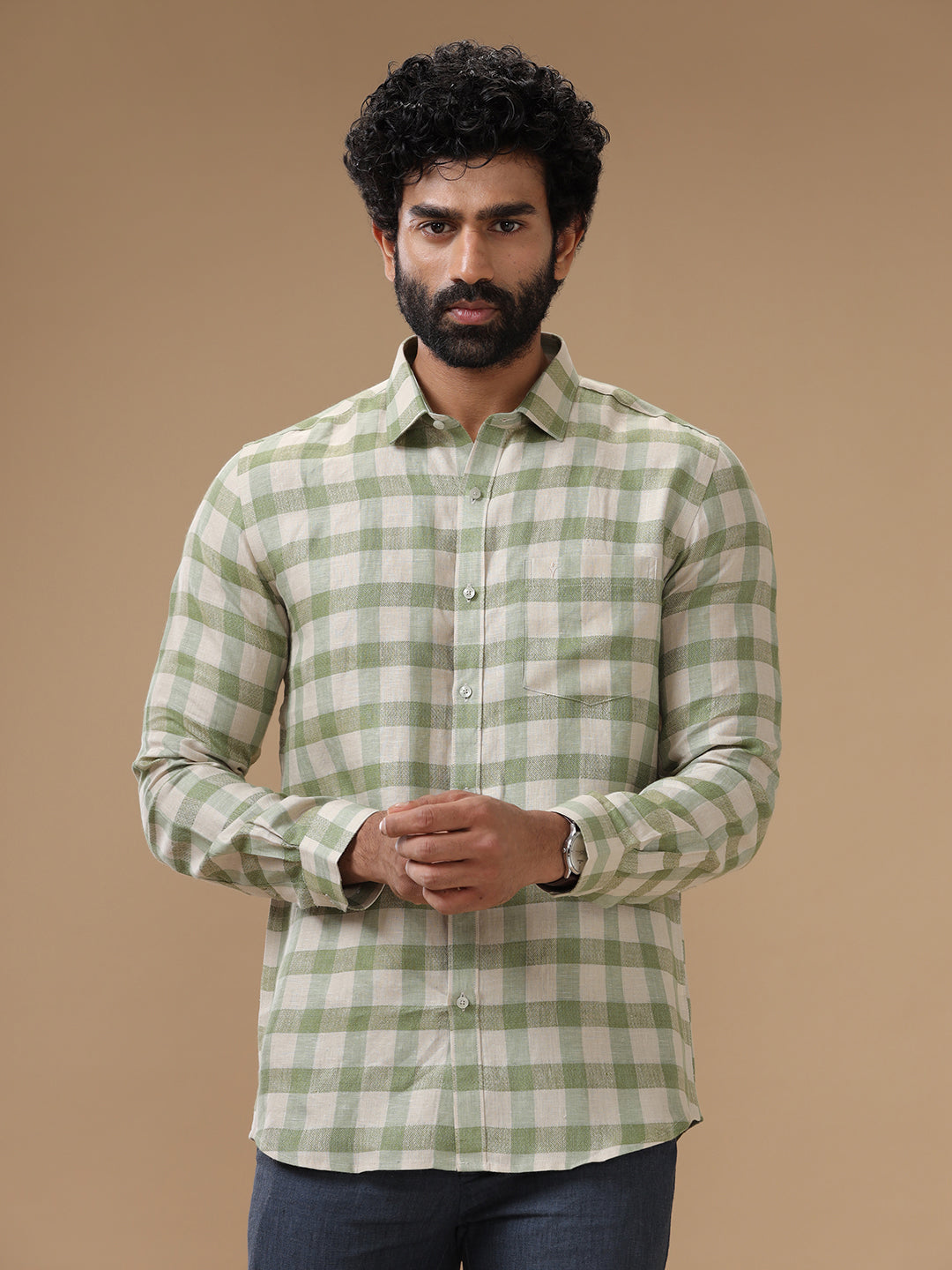 Men Pure Linen Mist Green Checked Shirt_LS61