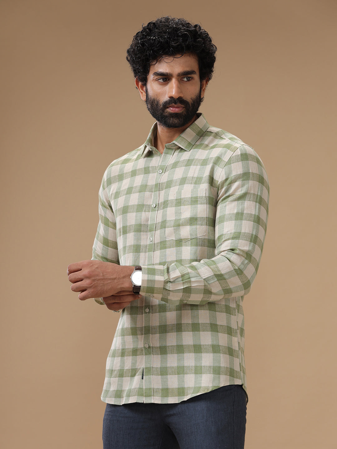 Men Pure Linen Mist Green Checked Shirt_LS61