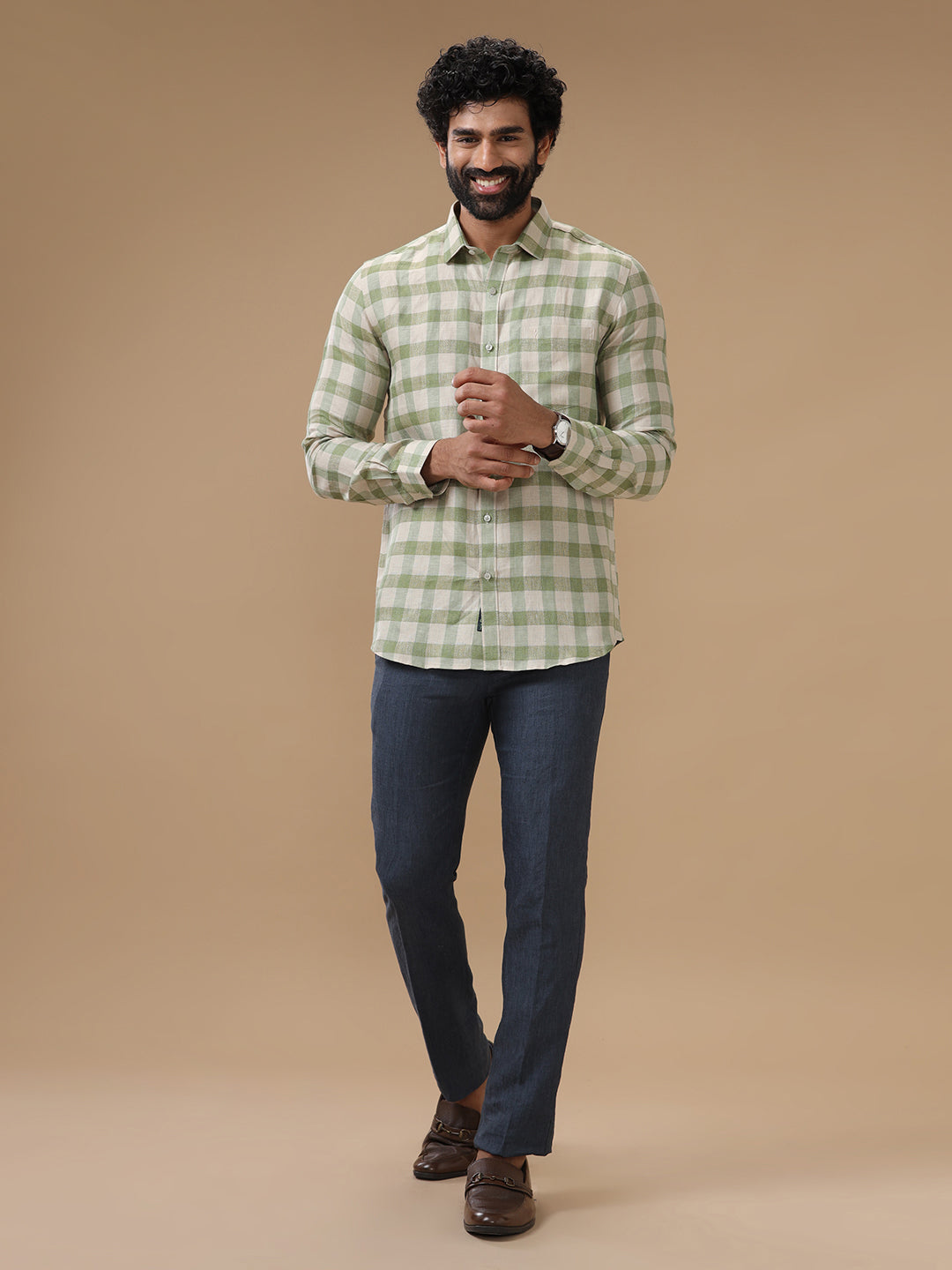 Men Pure Linen Mist Green Checked Shirt_LS61