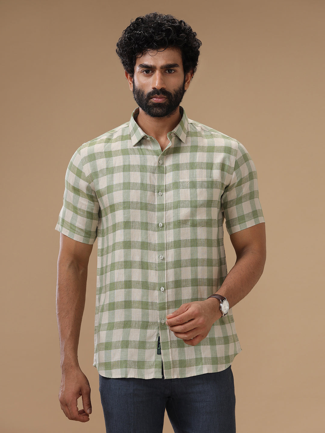 Men Pure Linen Mist Green Checked Shirt_LS61