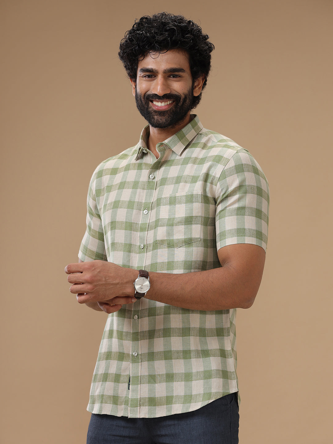 Men Pure Linen Mist Green Checked Shirt - LS61