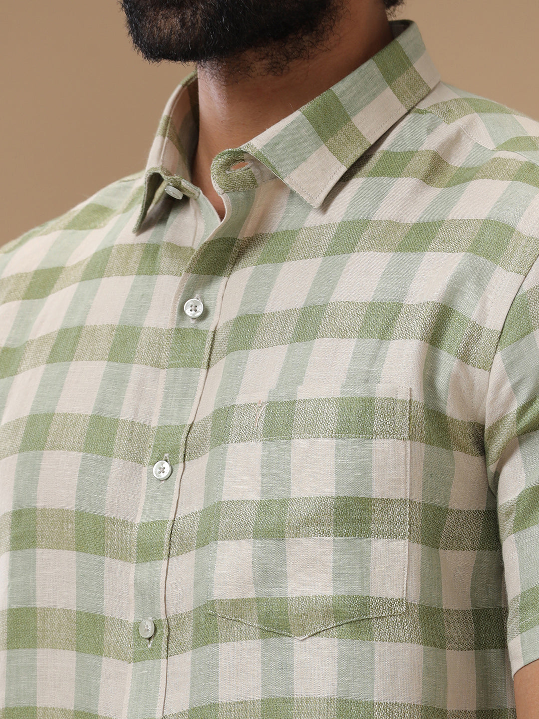 Men Pure Linen Mist Green Checked Shirt - LS61