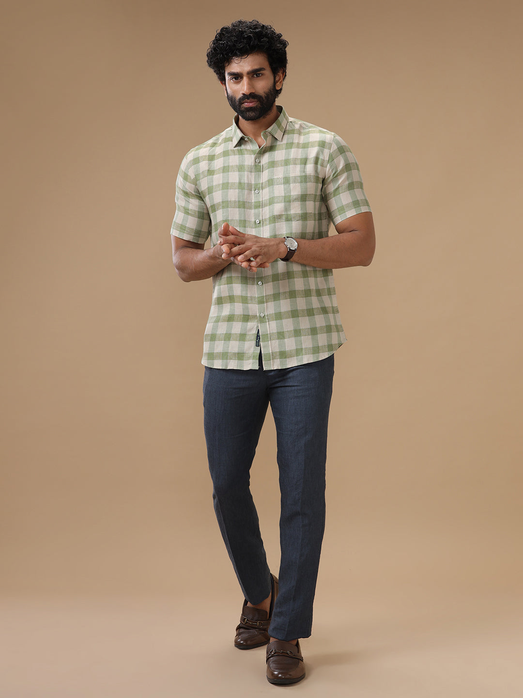 Mens Pure Linen Mist Green Checked Shirt_LS61