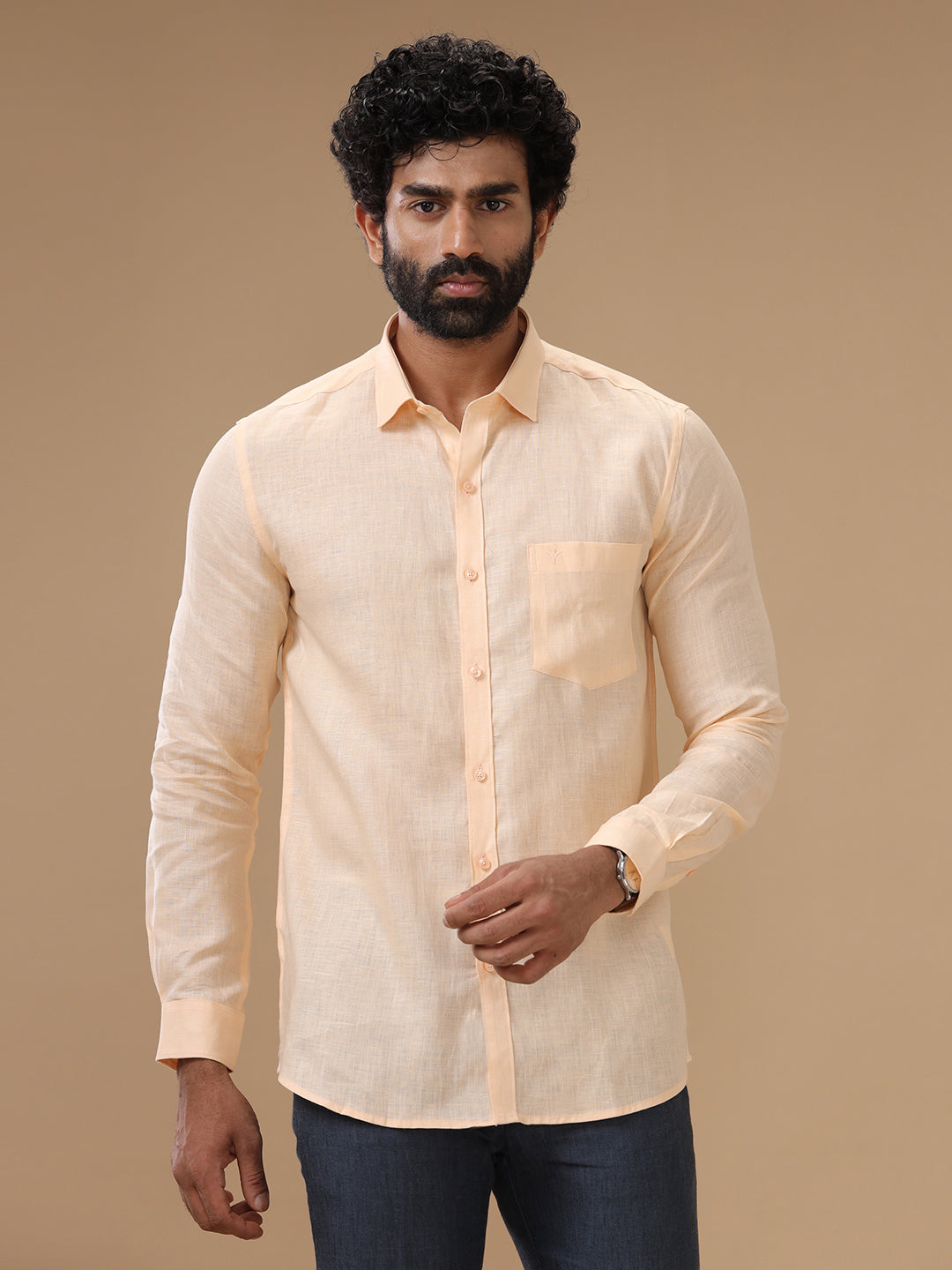 Men Pure Linen Shirt Pale Orange