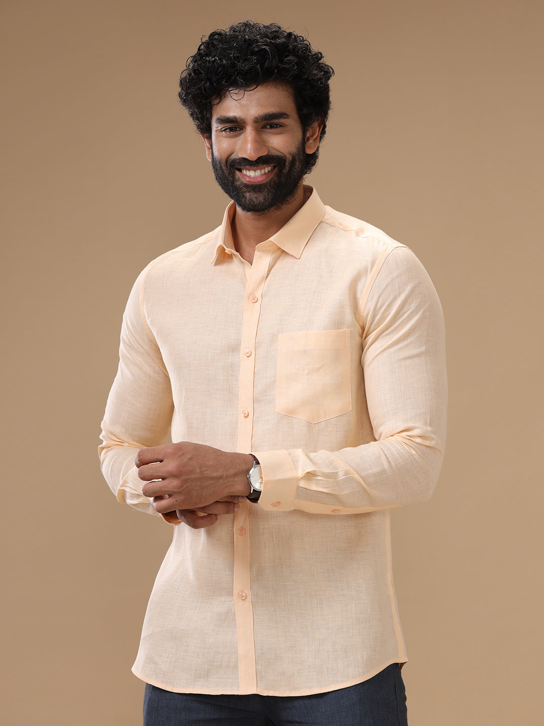 Men Pure Linen Shirt Pale Orange