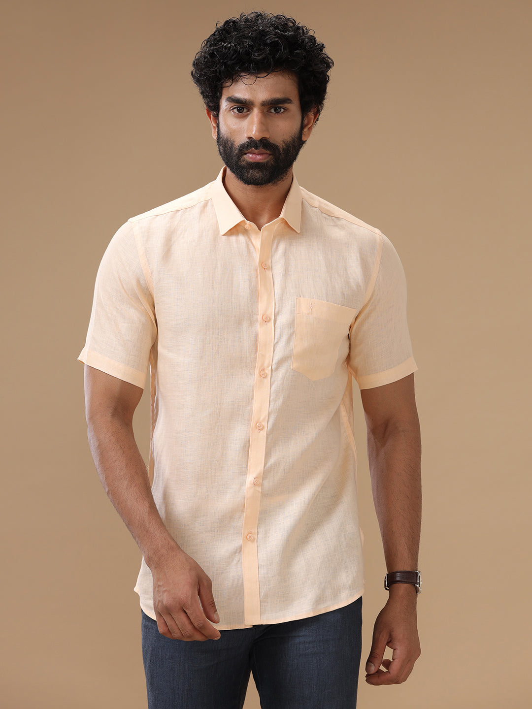 Men Pure Linen Shirt Pale Orange - L88