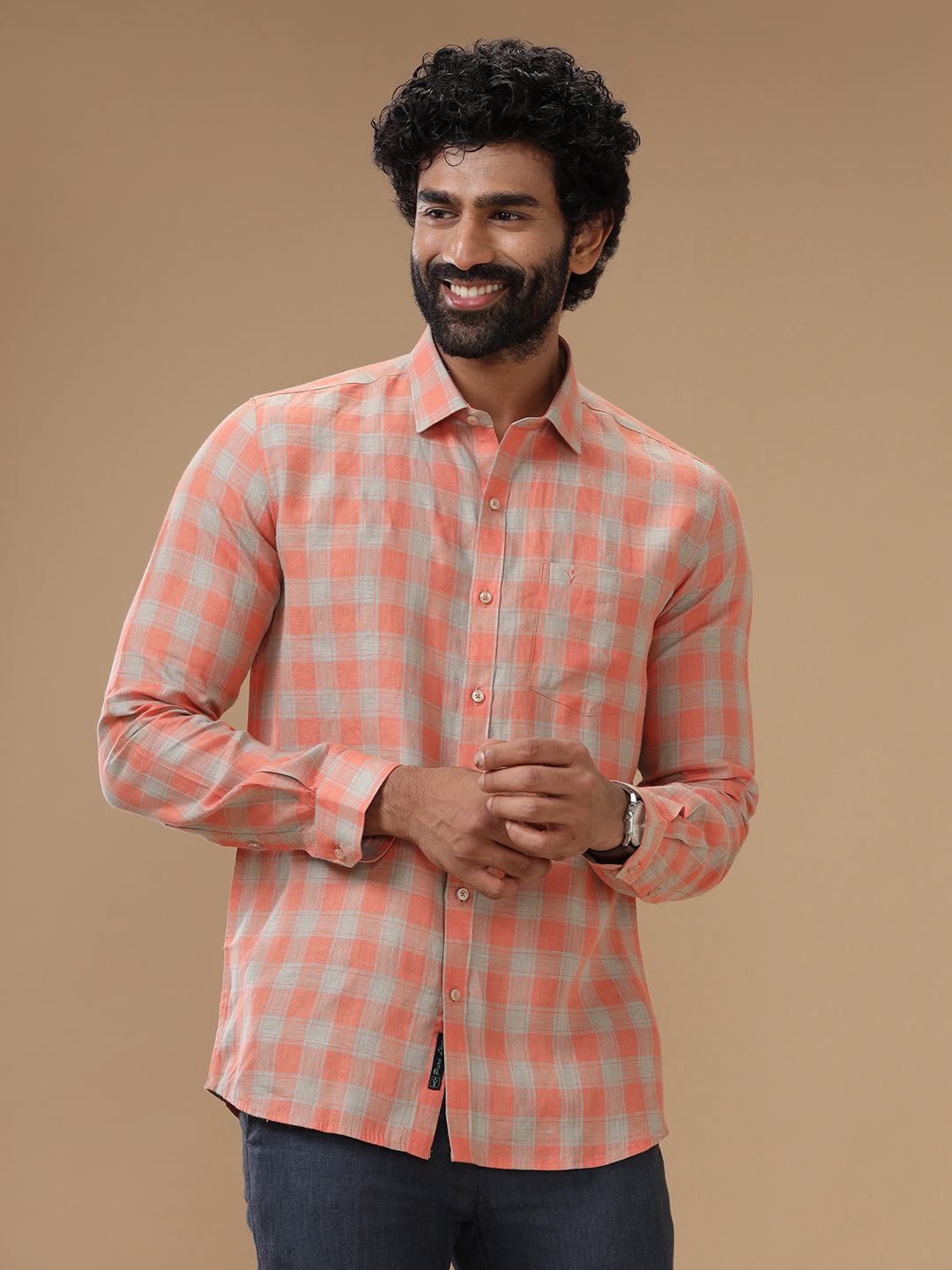 Mens Pure Linen Orangy Green Checked Shirt_LS53