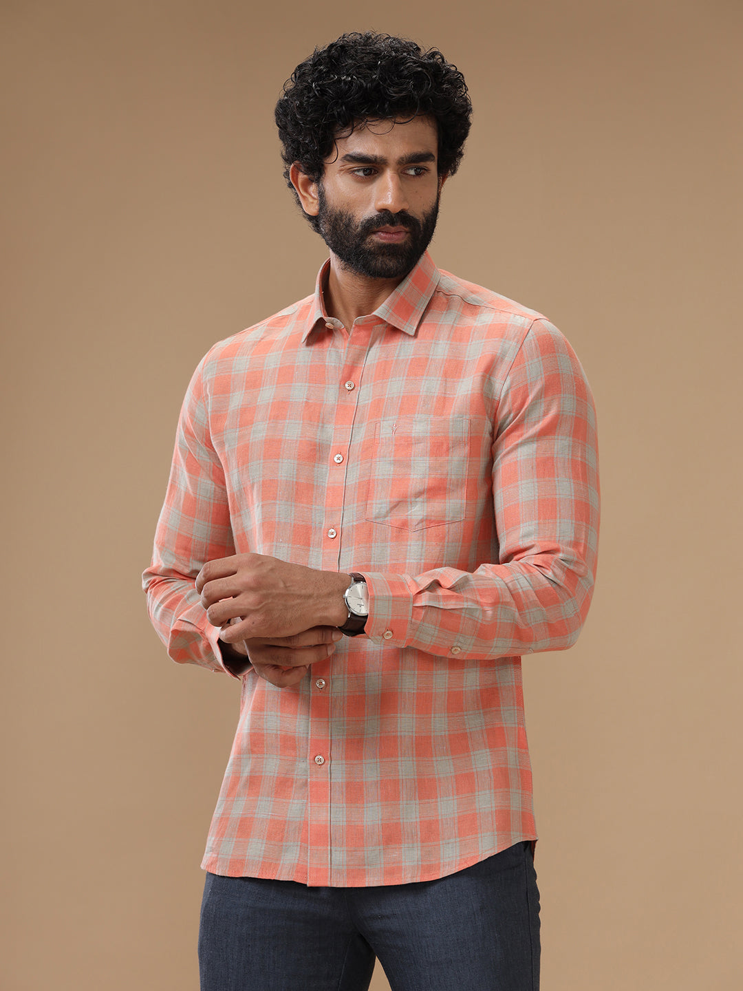 Men Pure Linen Orangy Green Checked Shirt - LS53