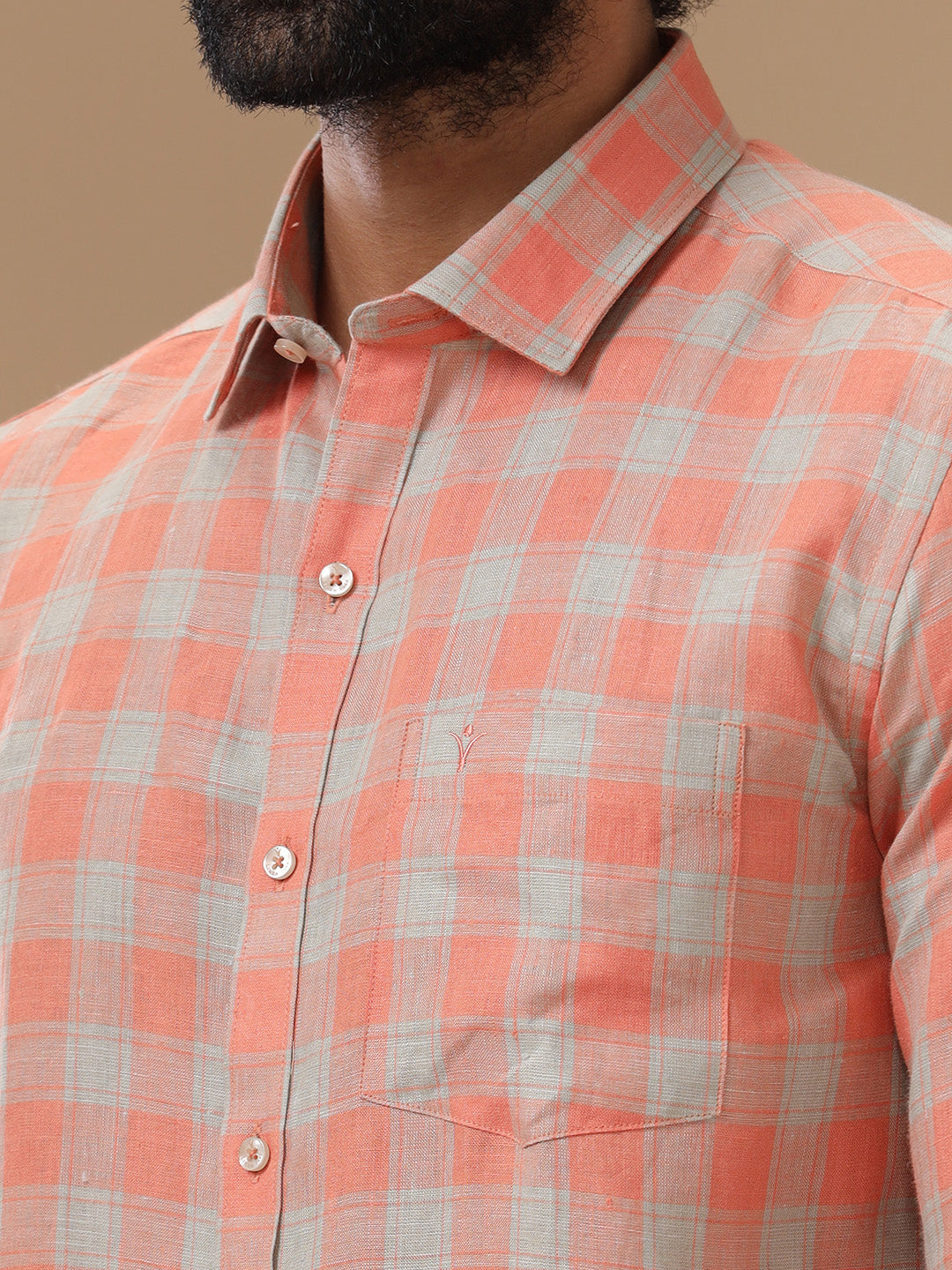 Men Pure Linen Orangy Green Checked Shirt_LS53