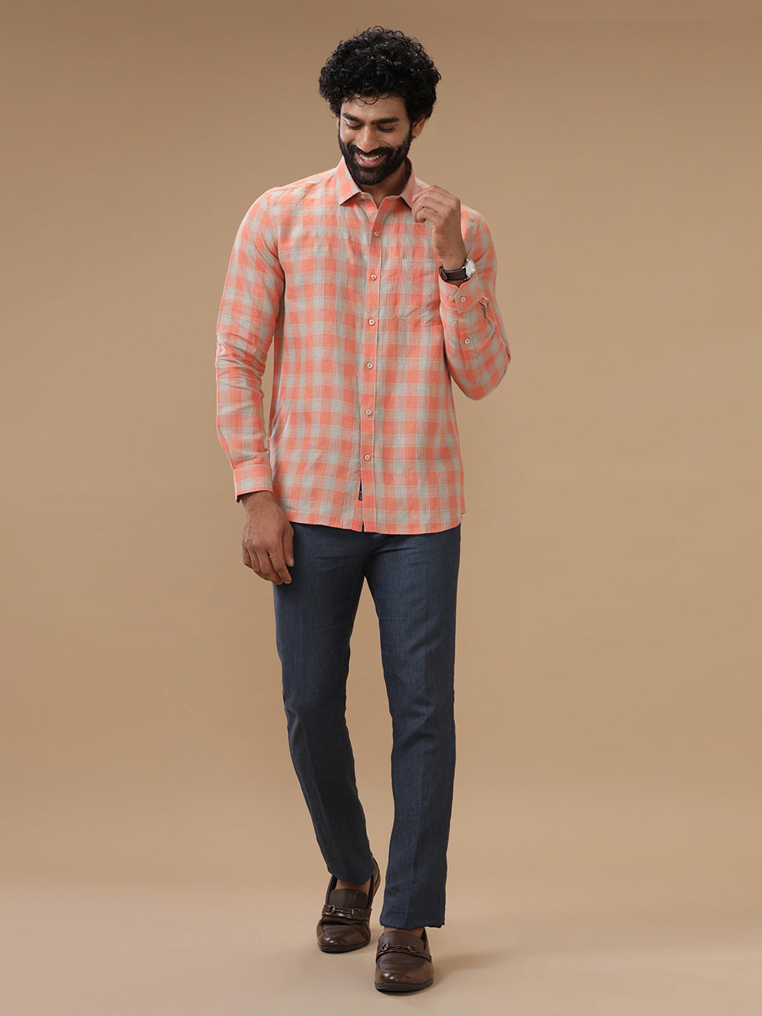 Men Pure Linen Orangy Green Checked Shirt - LS53