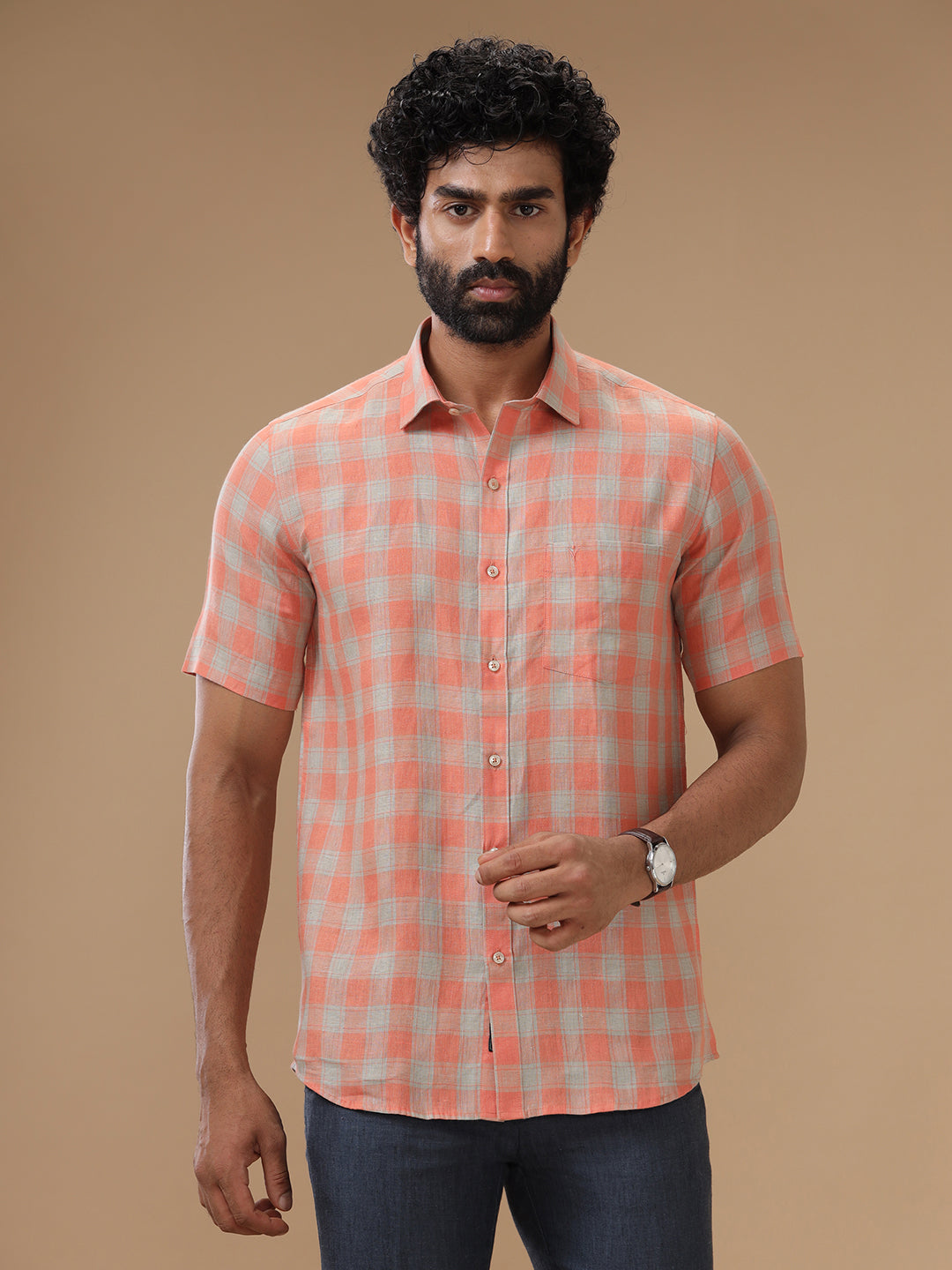 Men Pure Linen Orangy Green Checked Shirt_LS53