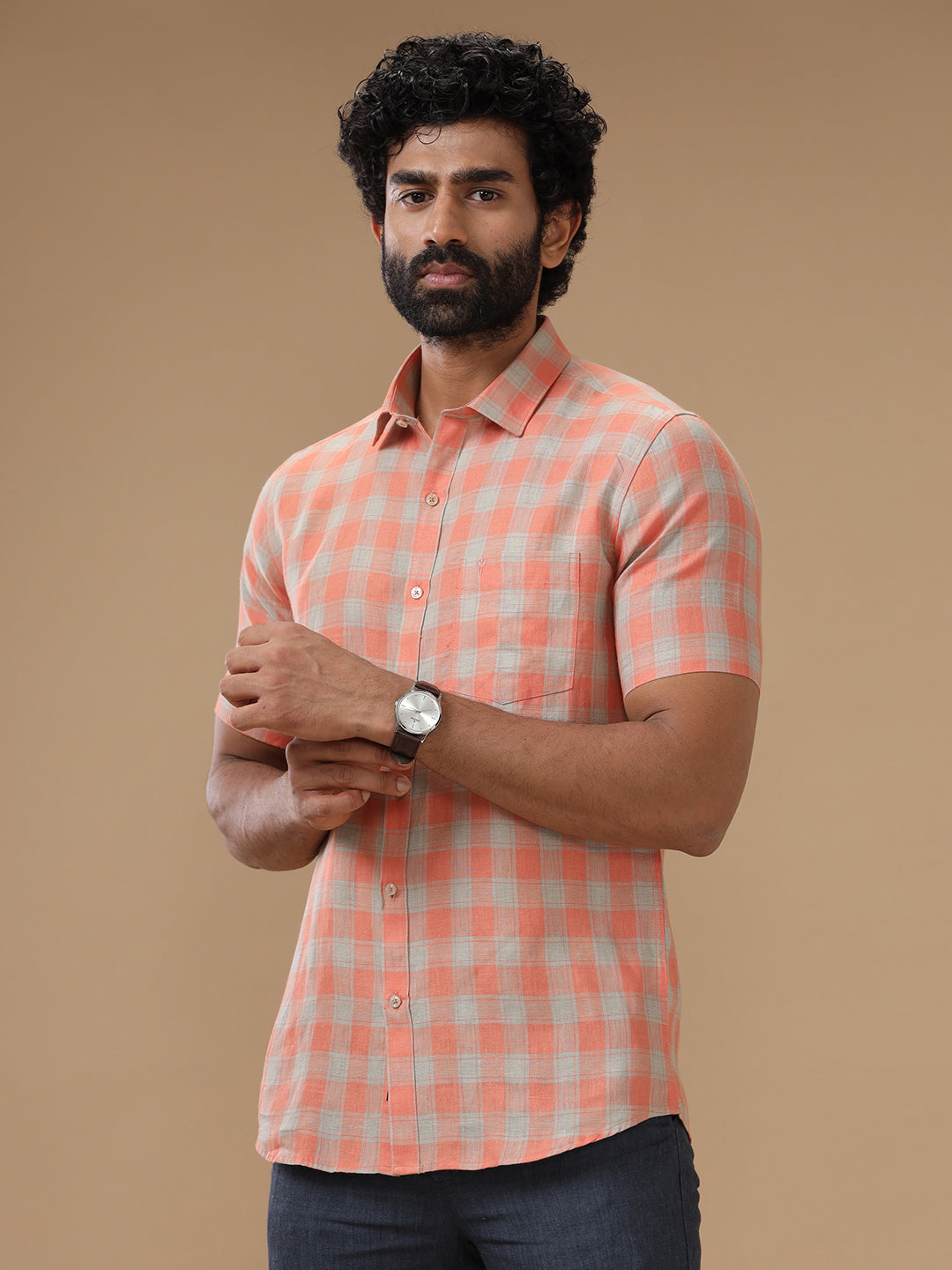 Men Pure Linen Orangy Green Checked Shirt - LS53