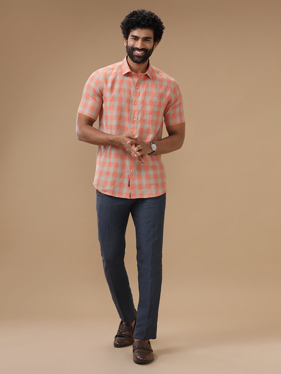 Men Pure Linen Orangy Green Checked Shirt_LS53