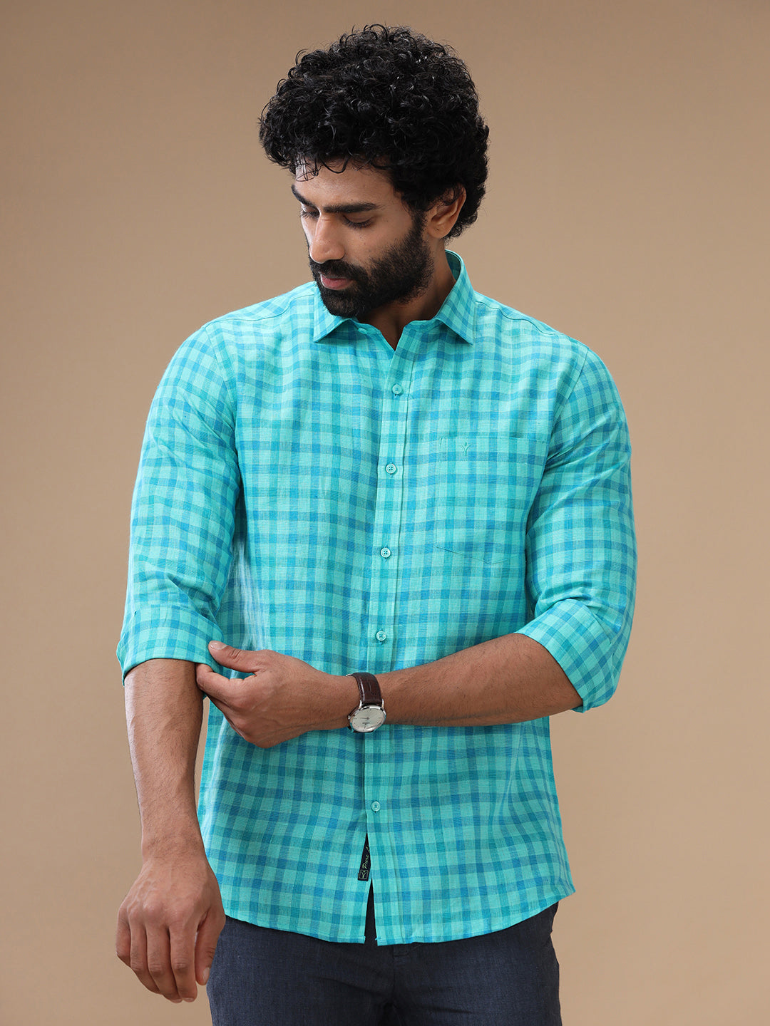 Men Pure Linen Green Checked Shirt_LS62