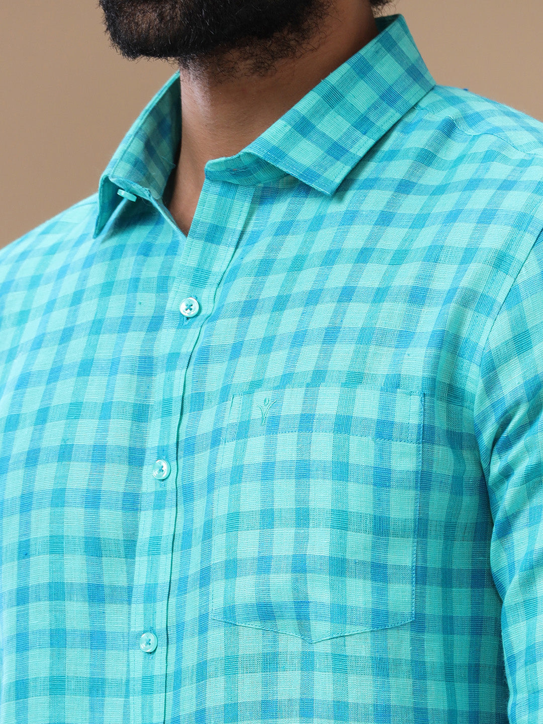 Men Pure Linen Green Checked Shirt - LS62