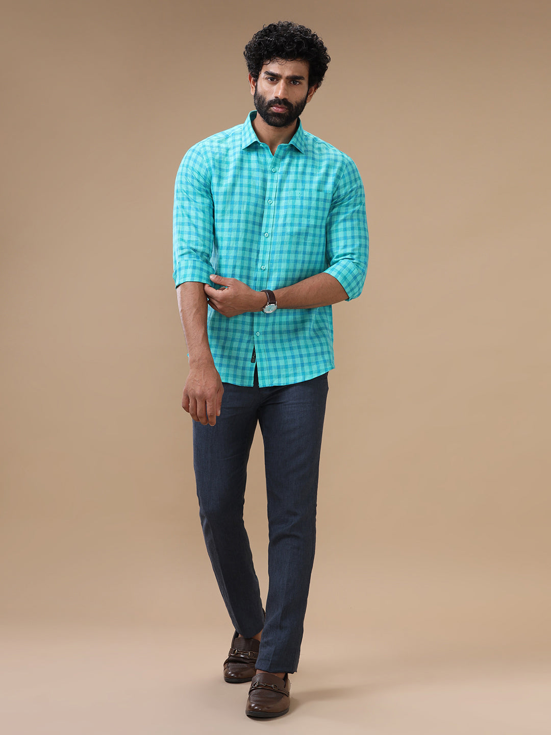 Men Pure Linen Green Checked Shirt - LS62