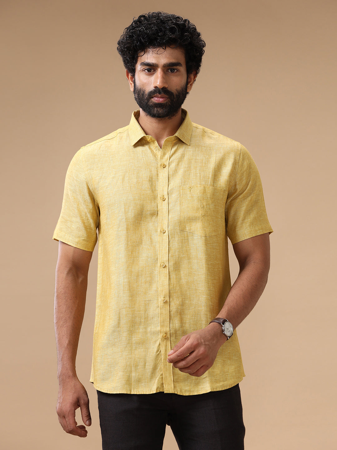 Mens Pure Linen Shirt Yellow