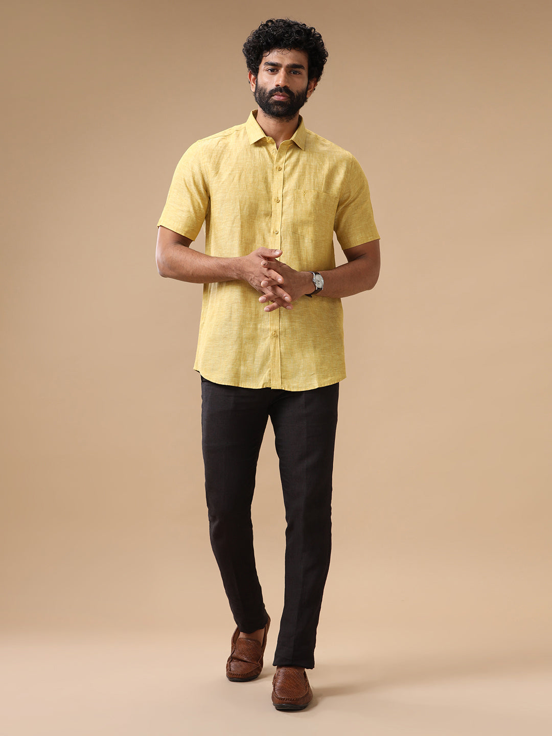 Mens Pure Linen Shirt Yellow L91