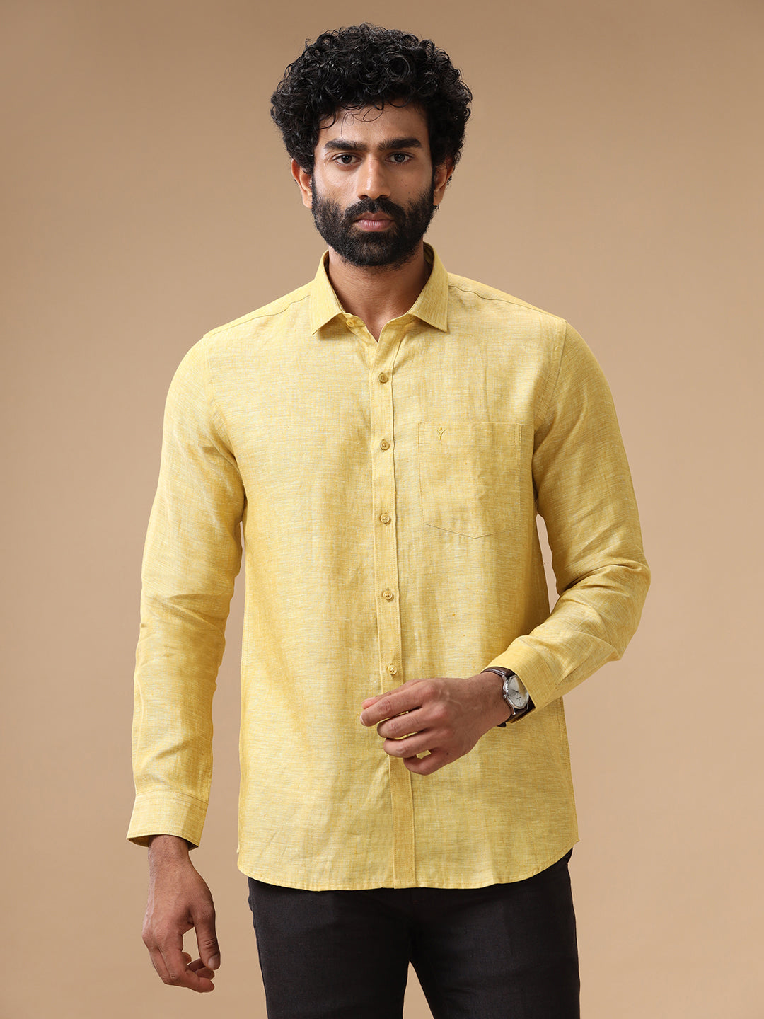 Mens Pure Linen Shirt Yellow