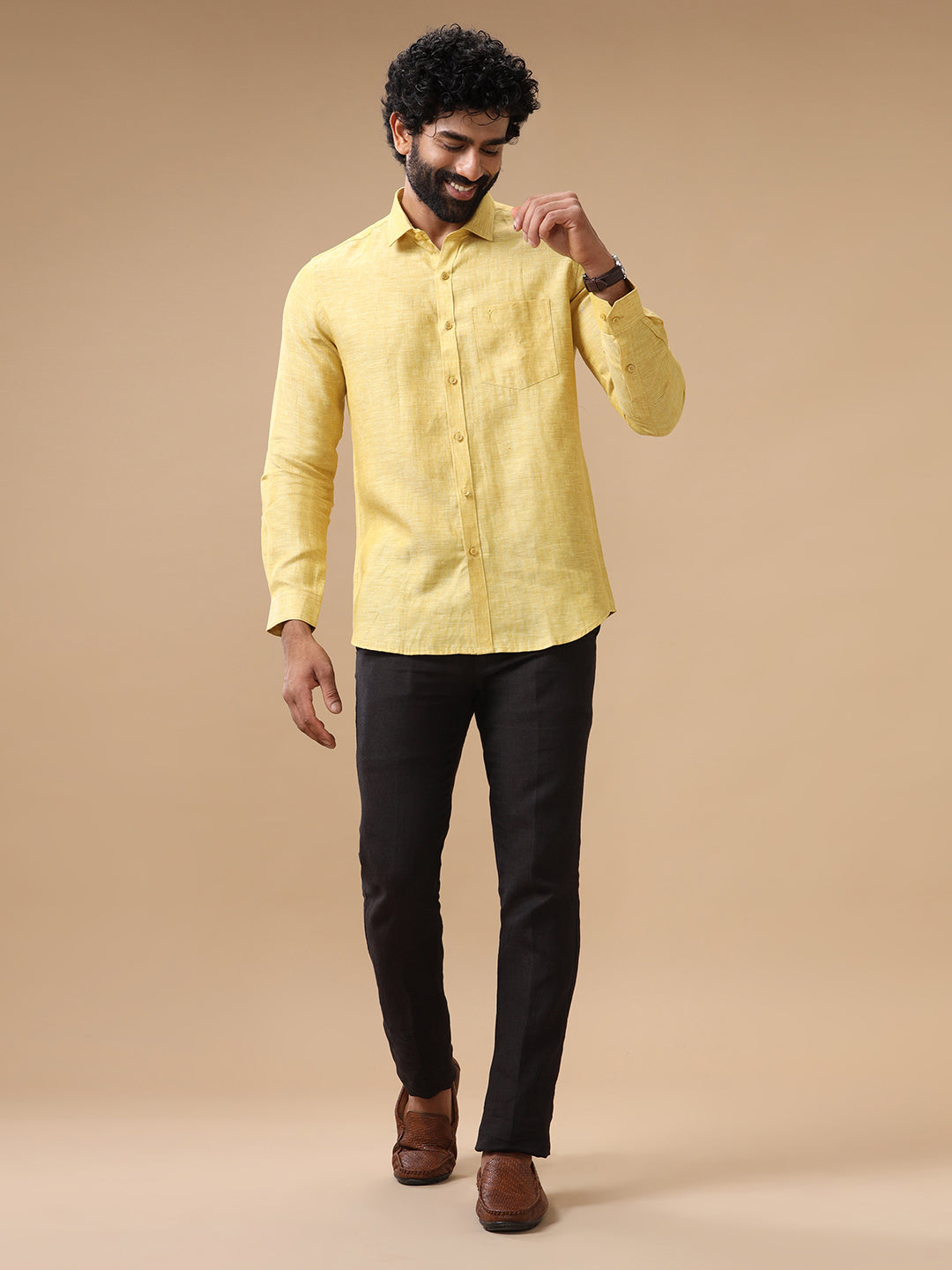 Mens Pure Linen Shirt Yellow