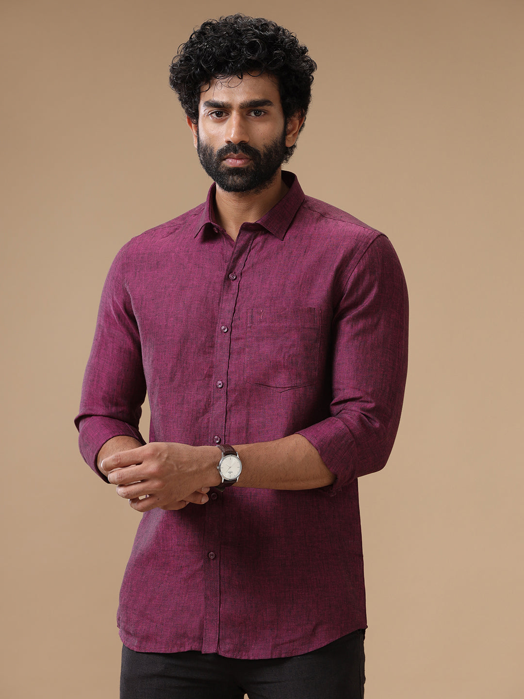 Mens Pure Linen Shirt Deep Pink