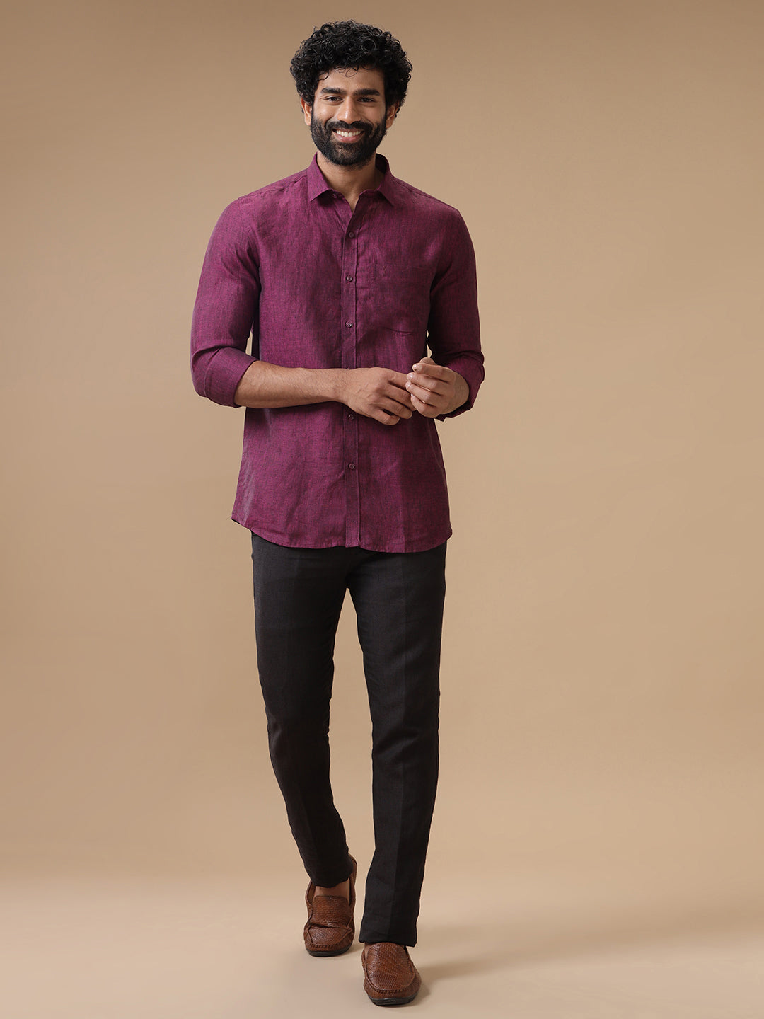 Mens Pure Linen Shirt Deep Pink