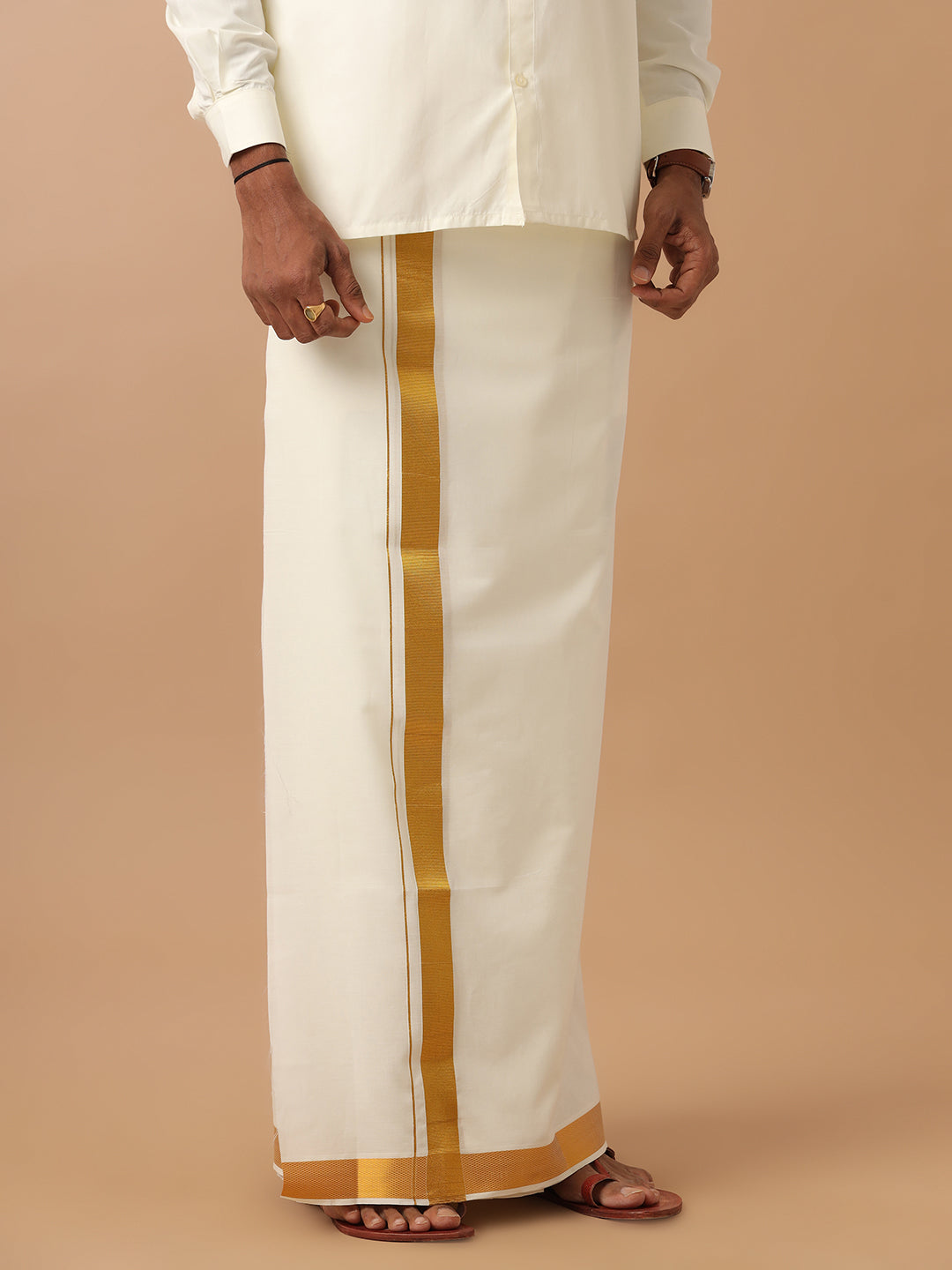 Men Cotton Blend Double Layer Dhoti Cream Dhoti with 1 1/2" Jari Border Gold Fine Pet