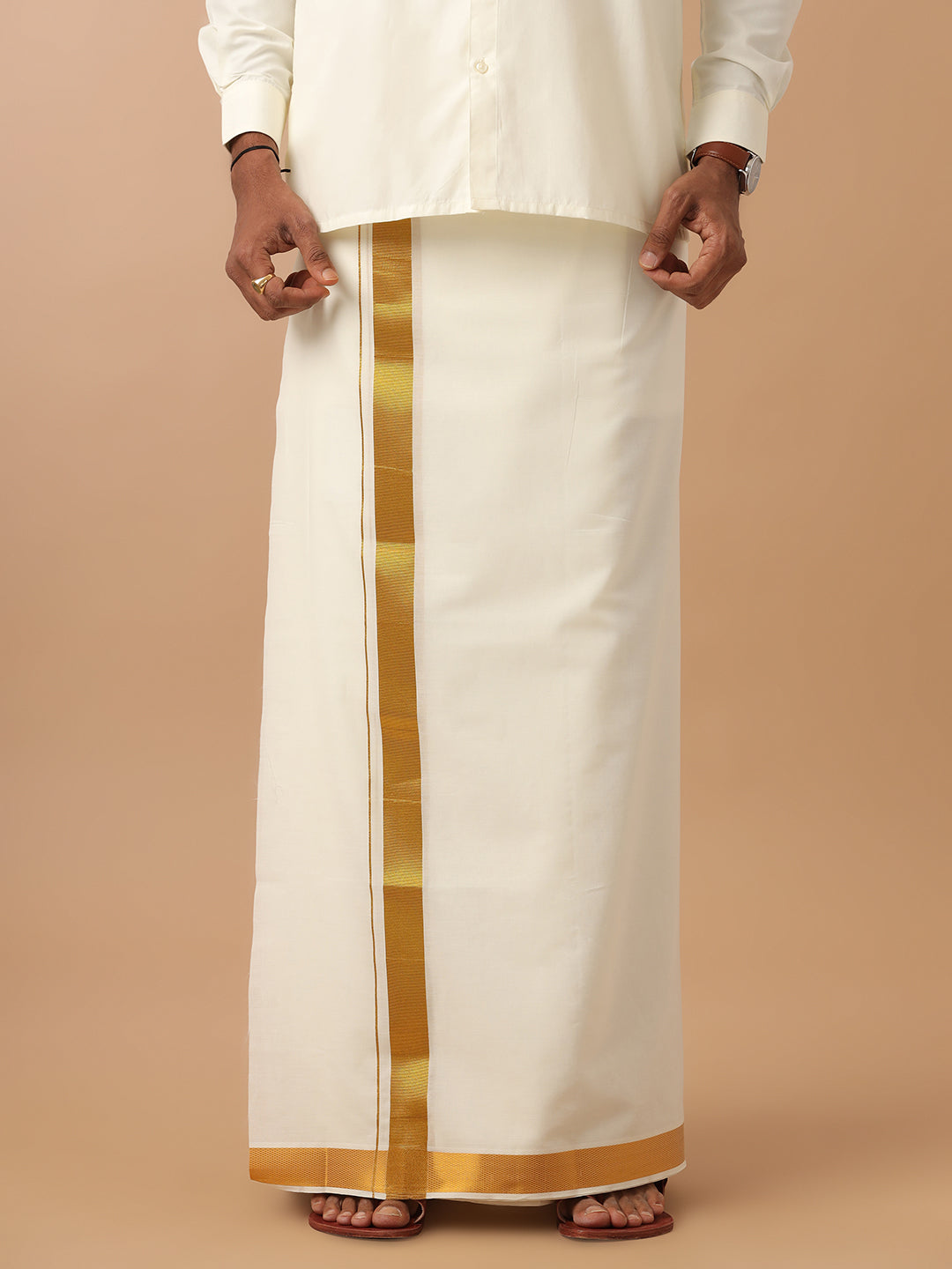 Men Cotton Blend Double Layer Dhoti Cream Dhoti with 1 1/2" Jari Border Gold Fine Pet