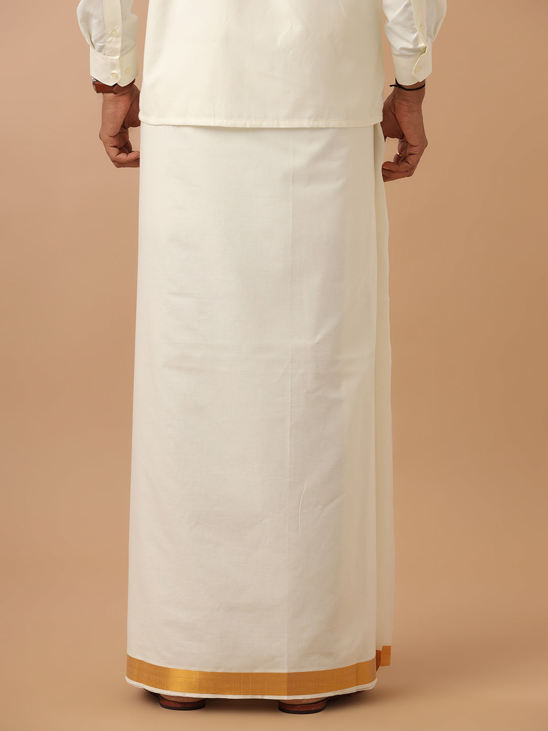 Men Cream with 1 1/2" Gold Jari Border Double Layer Dhoti Gold Fine Plain