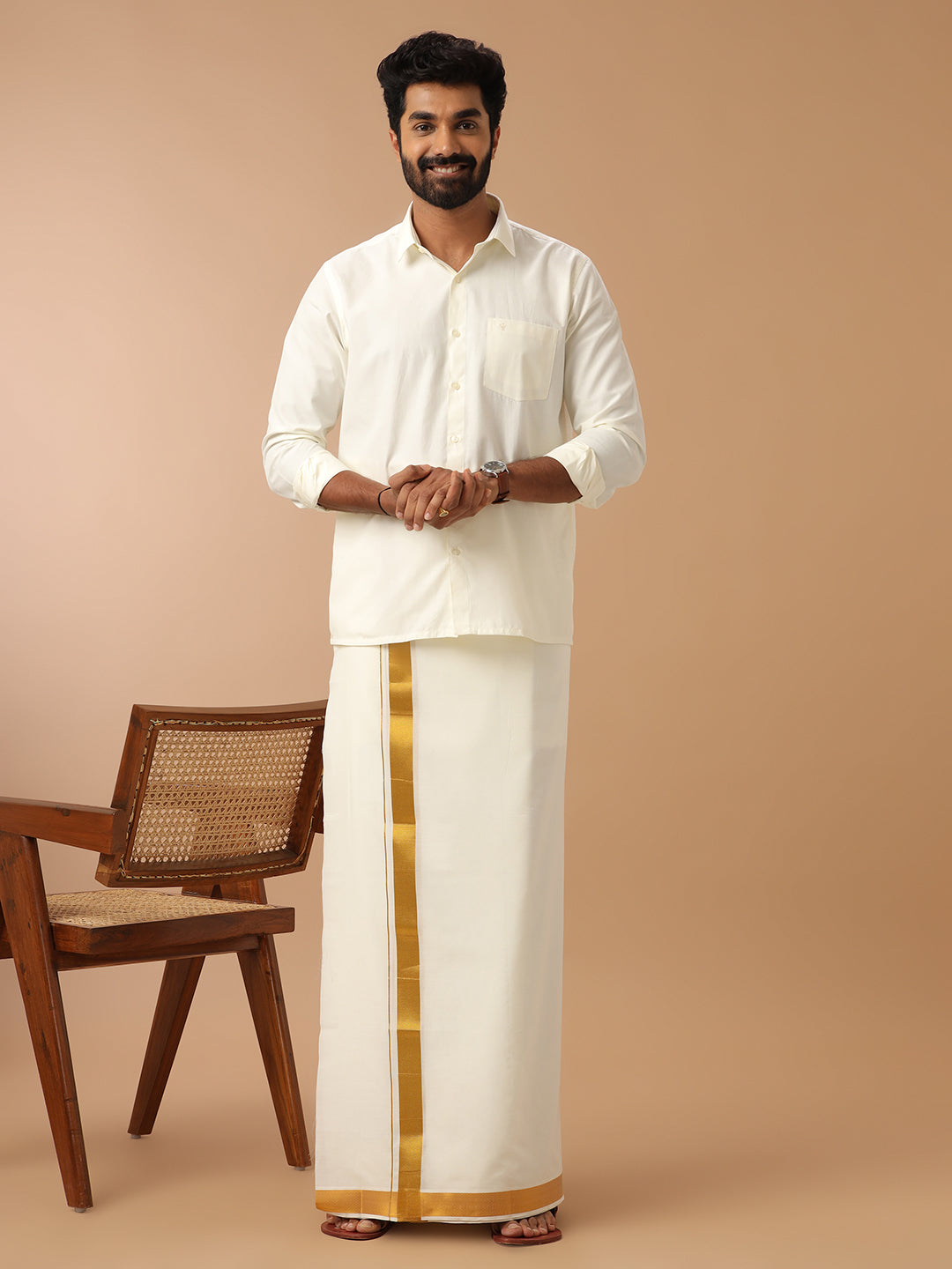 Men Cotton Blend Double Layer Dhoti Cream Dhoti with 1 1/2" Jari Border Gold Fine Pet