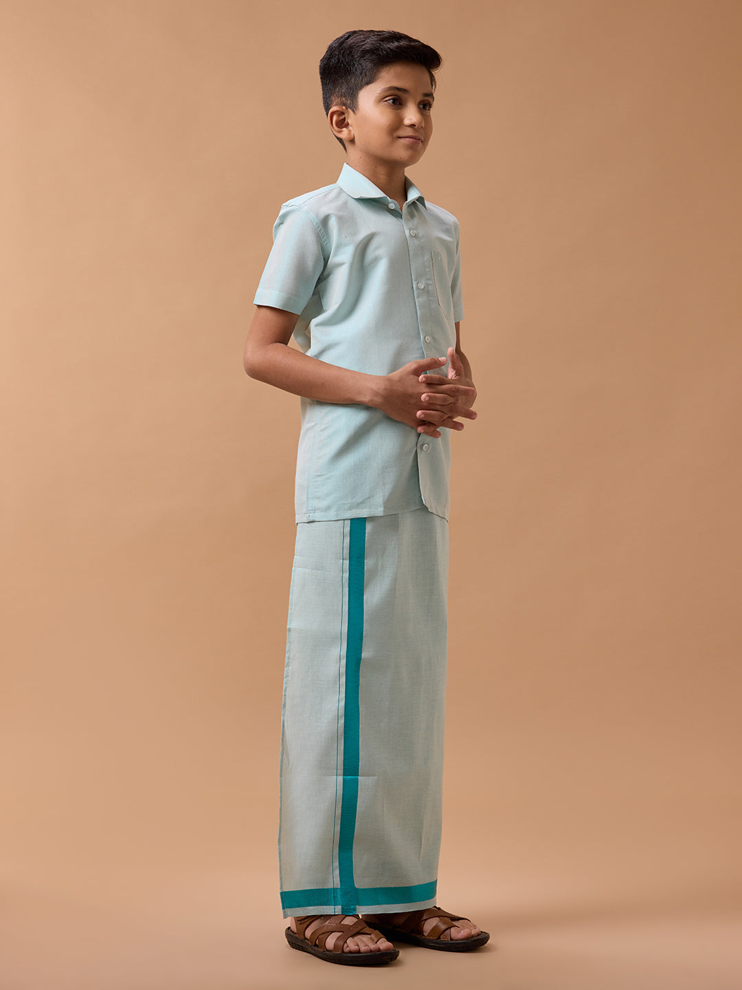 Boys Tissue Jari Half Sleeve Shirt Dhoti Set Sankalpam Ramar Green