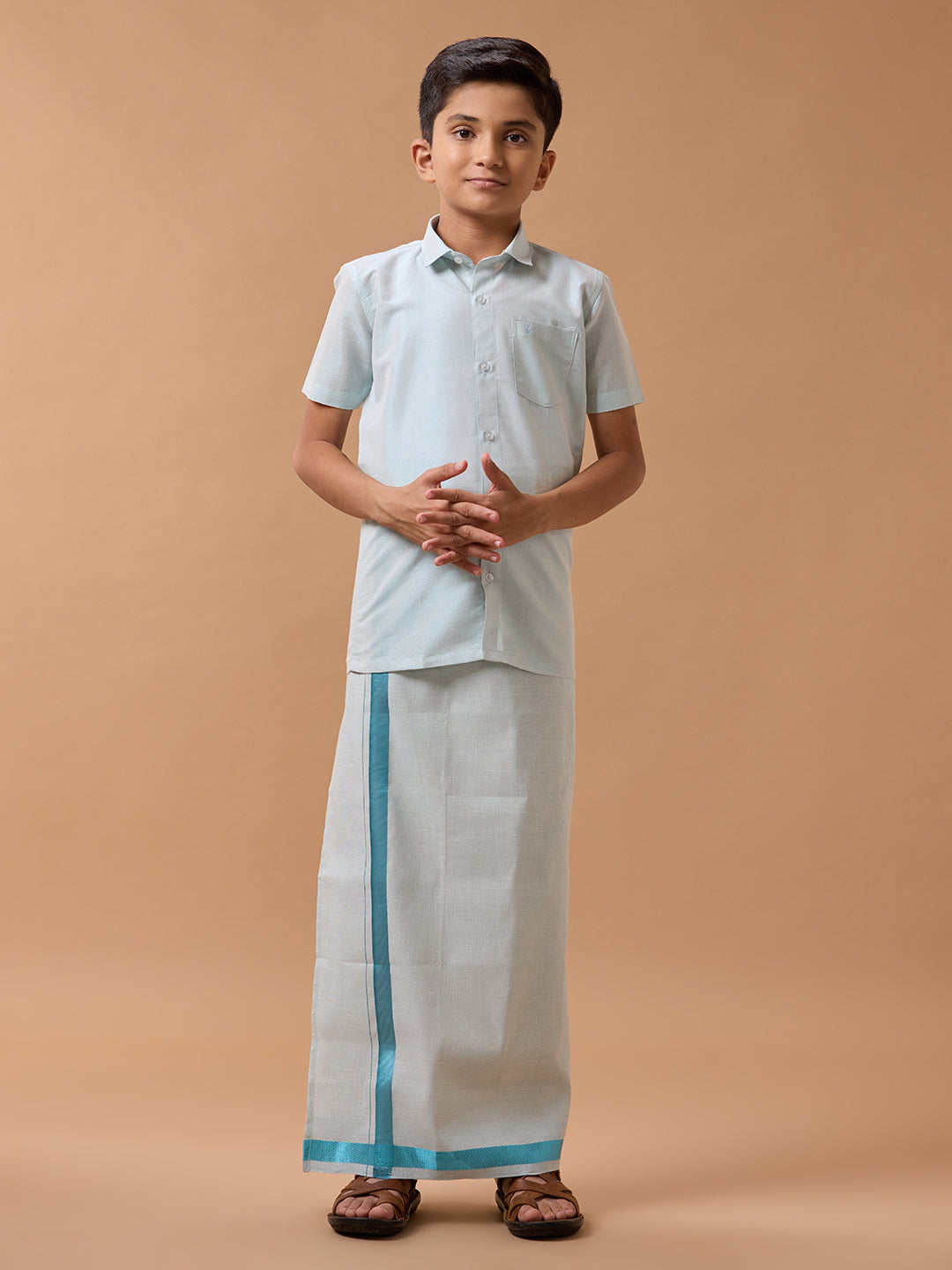 Like Father Like Son Tissue Dhoti & Shirt Combo Cyan