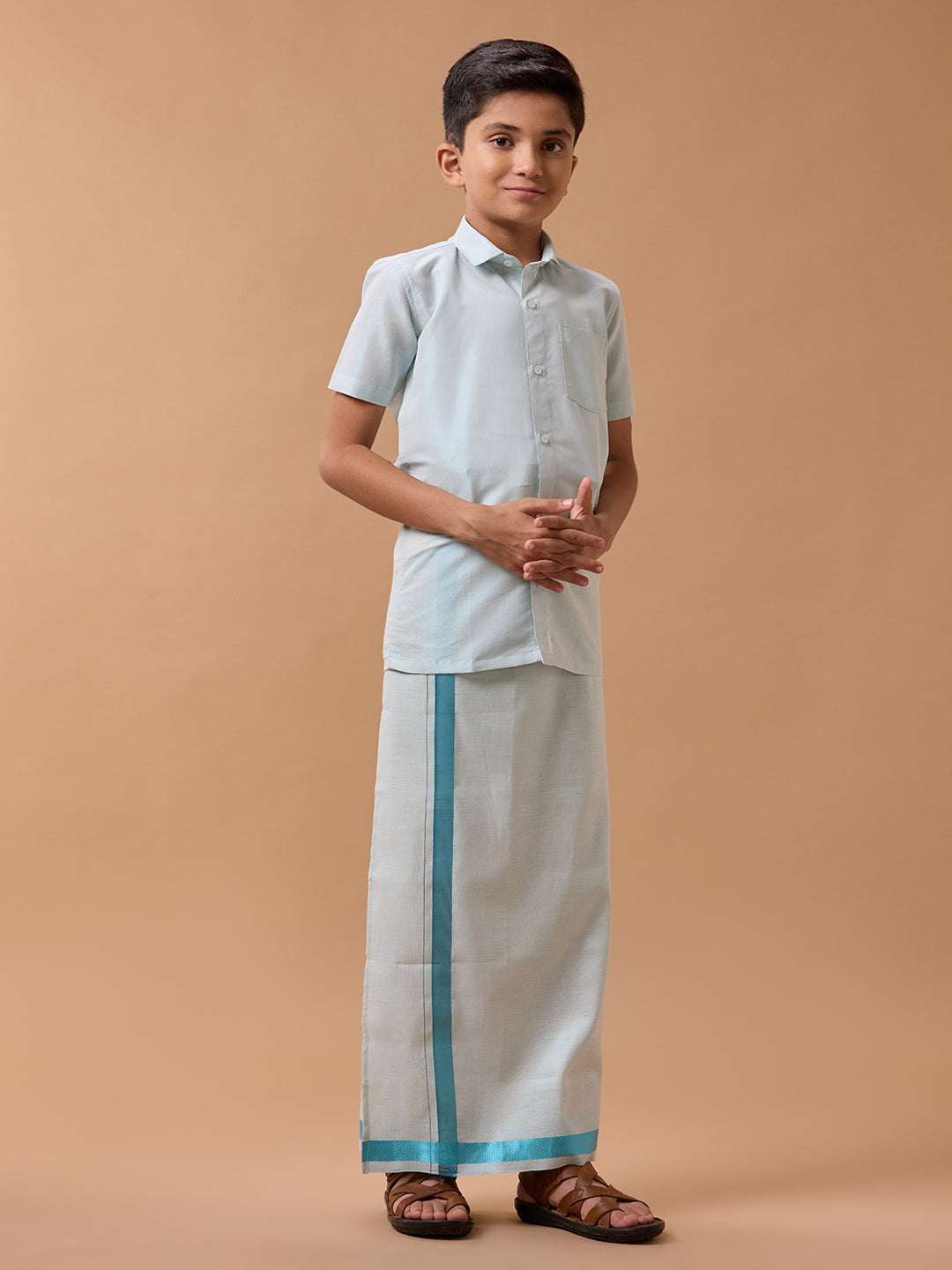 Like Father Like Son Tissue Dhoti & Shirt Combo Cyan