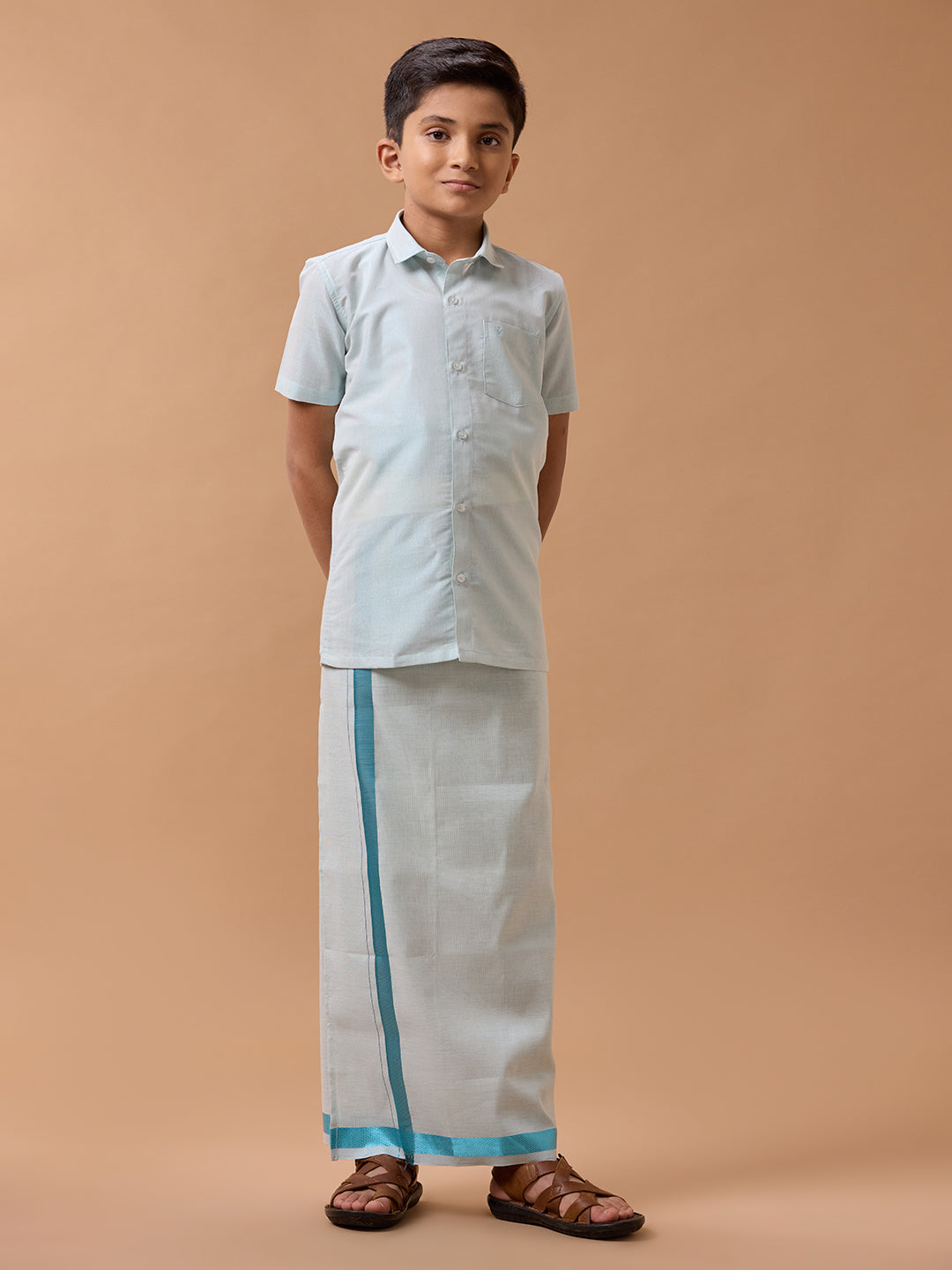 Boys Tissue Jari Half Sleeve Shirt Dhoti Set Sankalpam Cyan