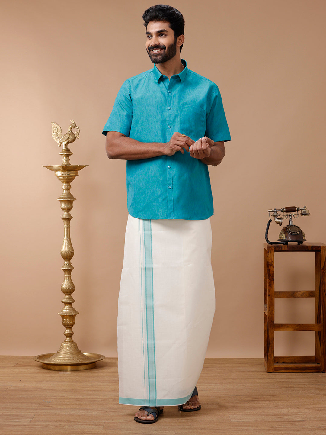 Men Kora Double Dhoti Blue Terra Kora Plain