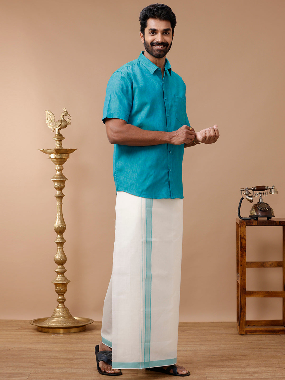 Men Kora Double Dhoti Blue Terra Kora Plain