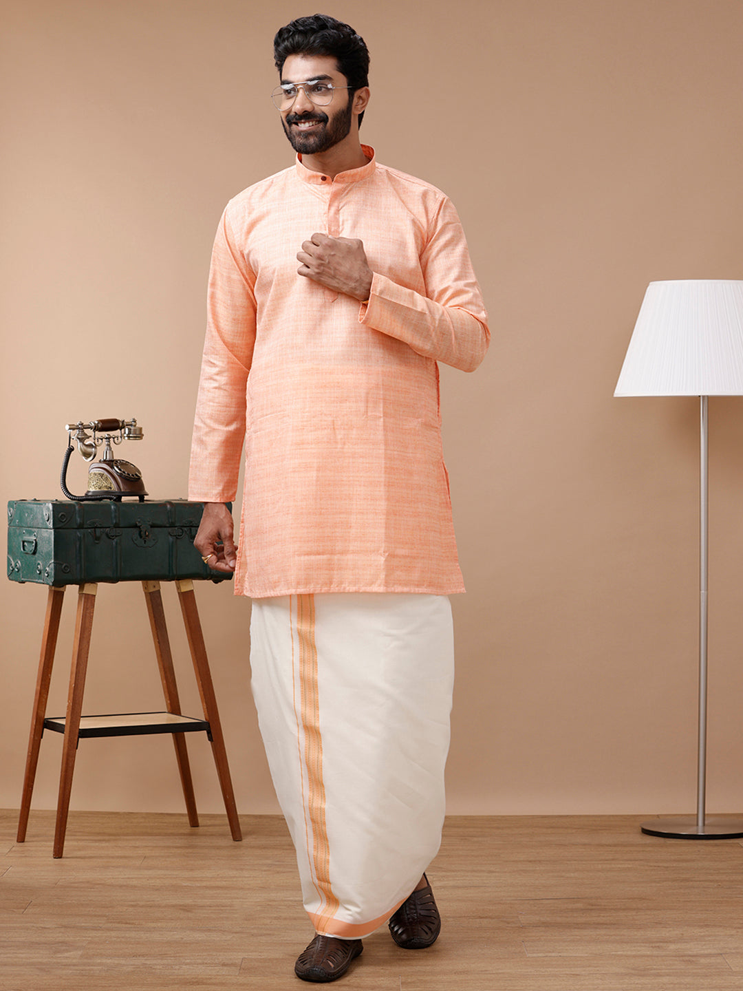 Mens Kora Double Dhoti with Matching Kurta Set Orange