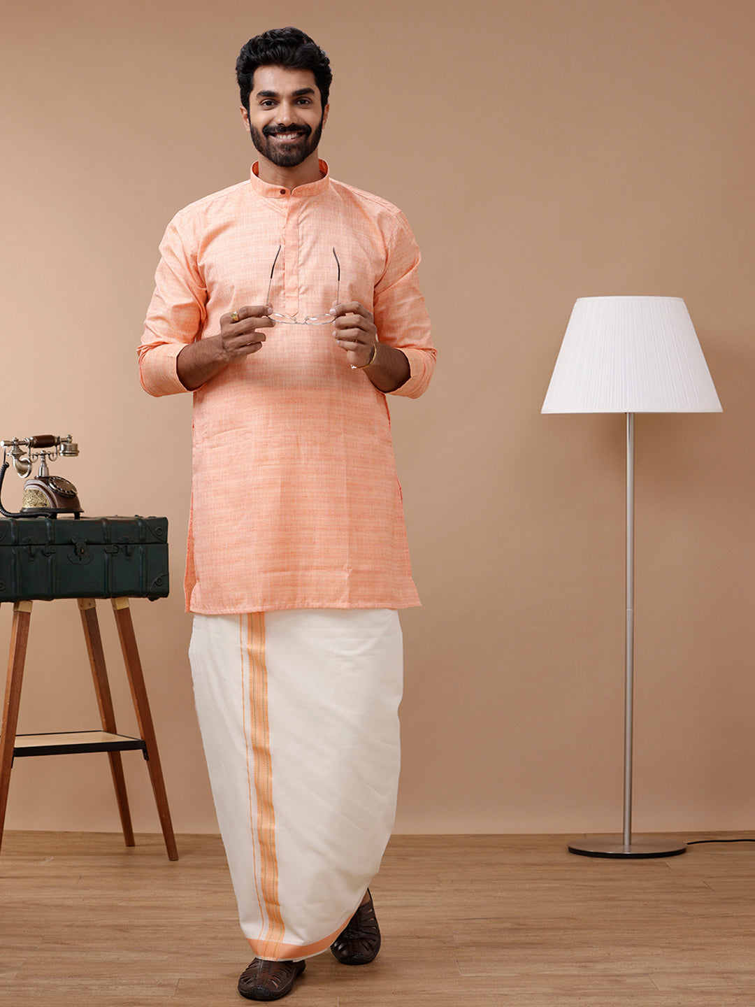 Mens Kora Double Dhoti with Matching Kurta Set Orange