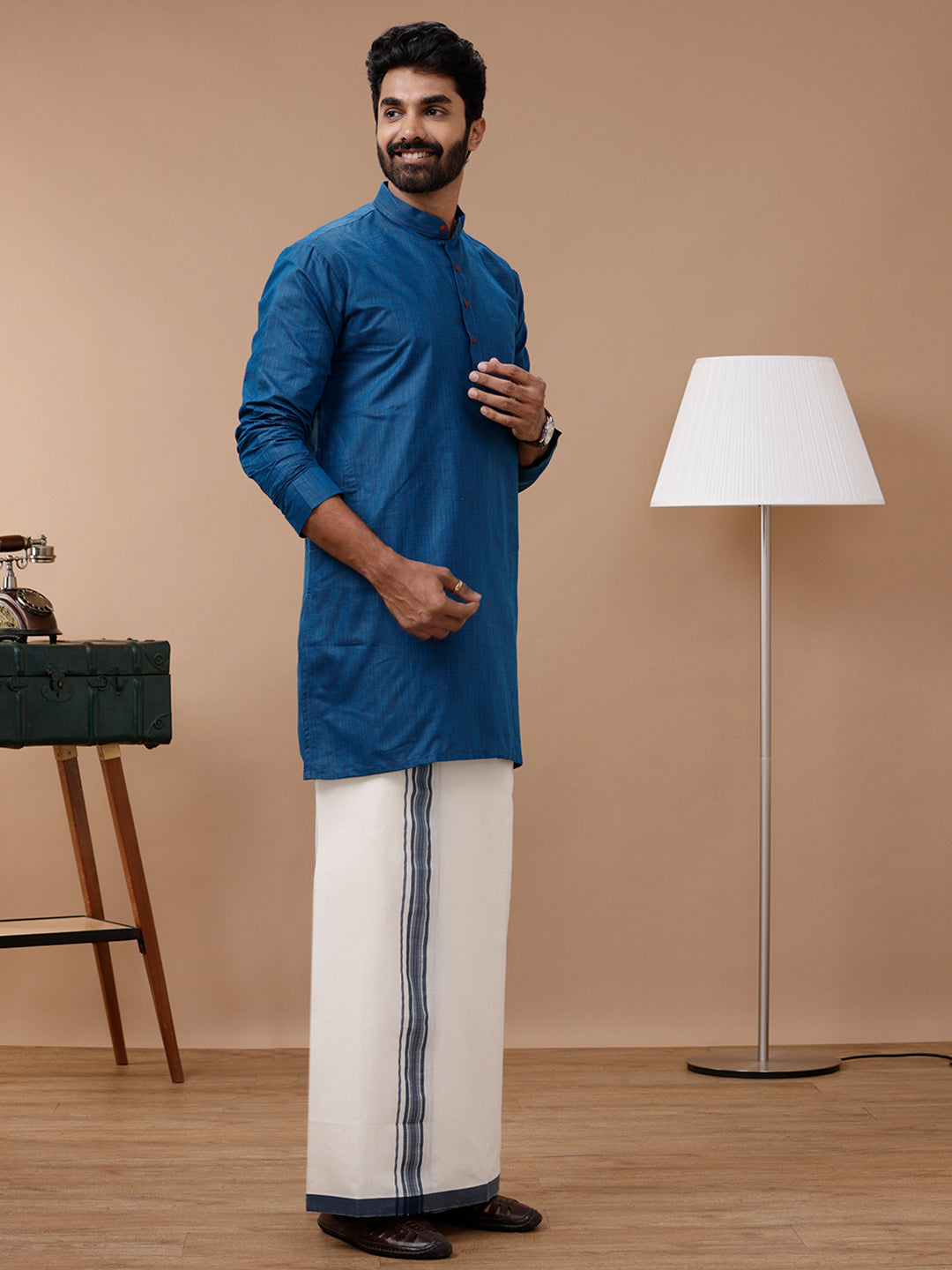 Mens Kora Double Dhoti with Matching Kurta Set Blue