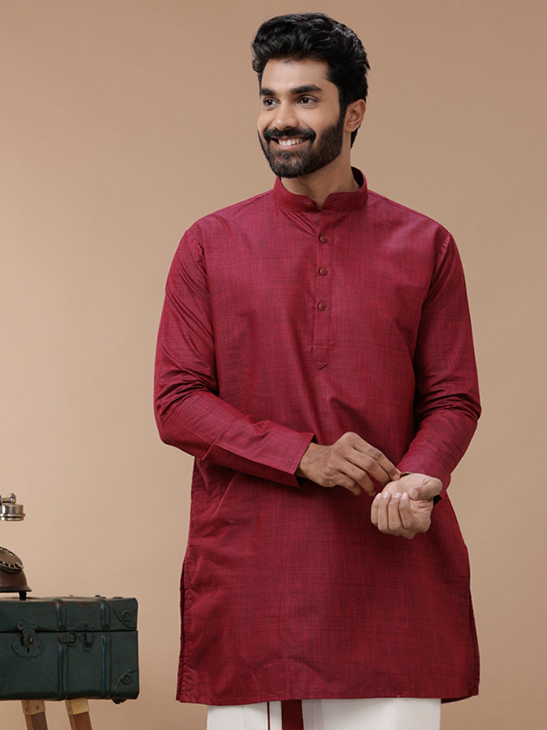 Mens Cotton Full Sleeves Maroon Medium Length Pocket Kurta FS7