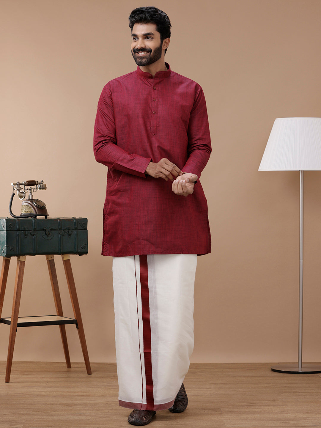 Mens Cotton Full Sleeves Maroon Medium Length Pocket Kurta FS7