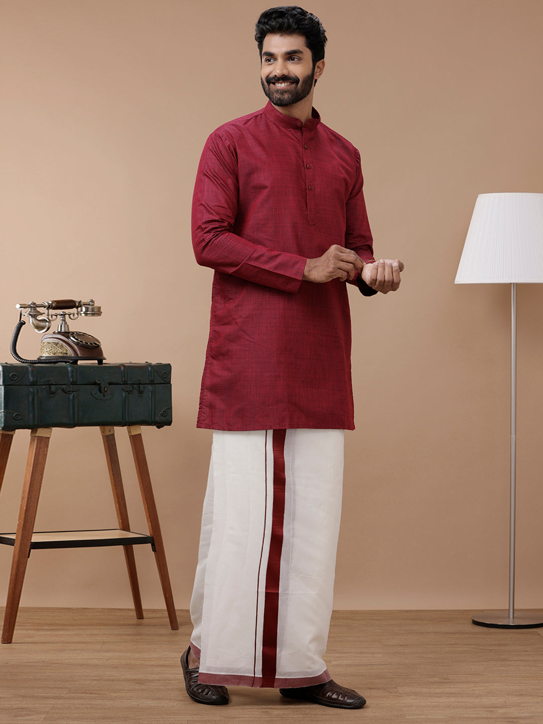 Men Cotton Full Sleeves Maroon Medium Length Pocket Kurta FS7