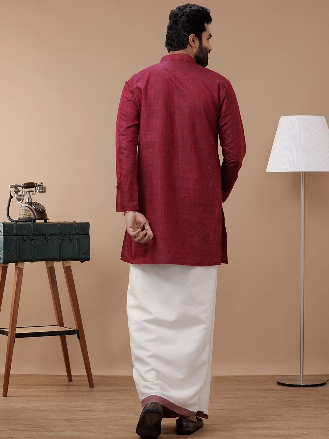 Men Cotton Full Sleeves Maroon Medium Length Pocket Kurta FS7