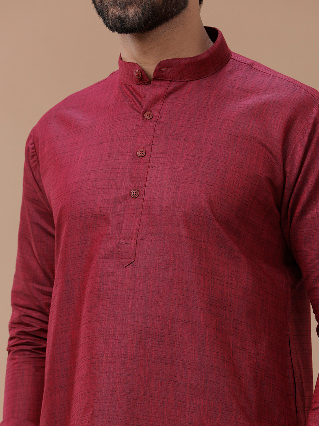 Men Cotton Full Sleeves Maroon Medium Length Pocket Kurta FS7